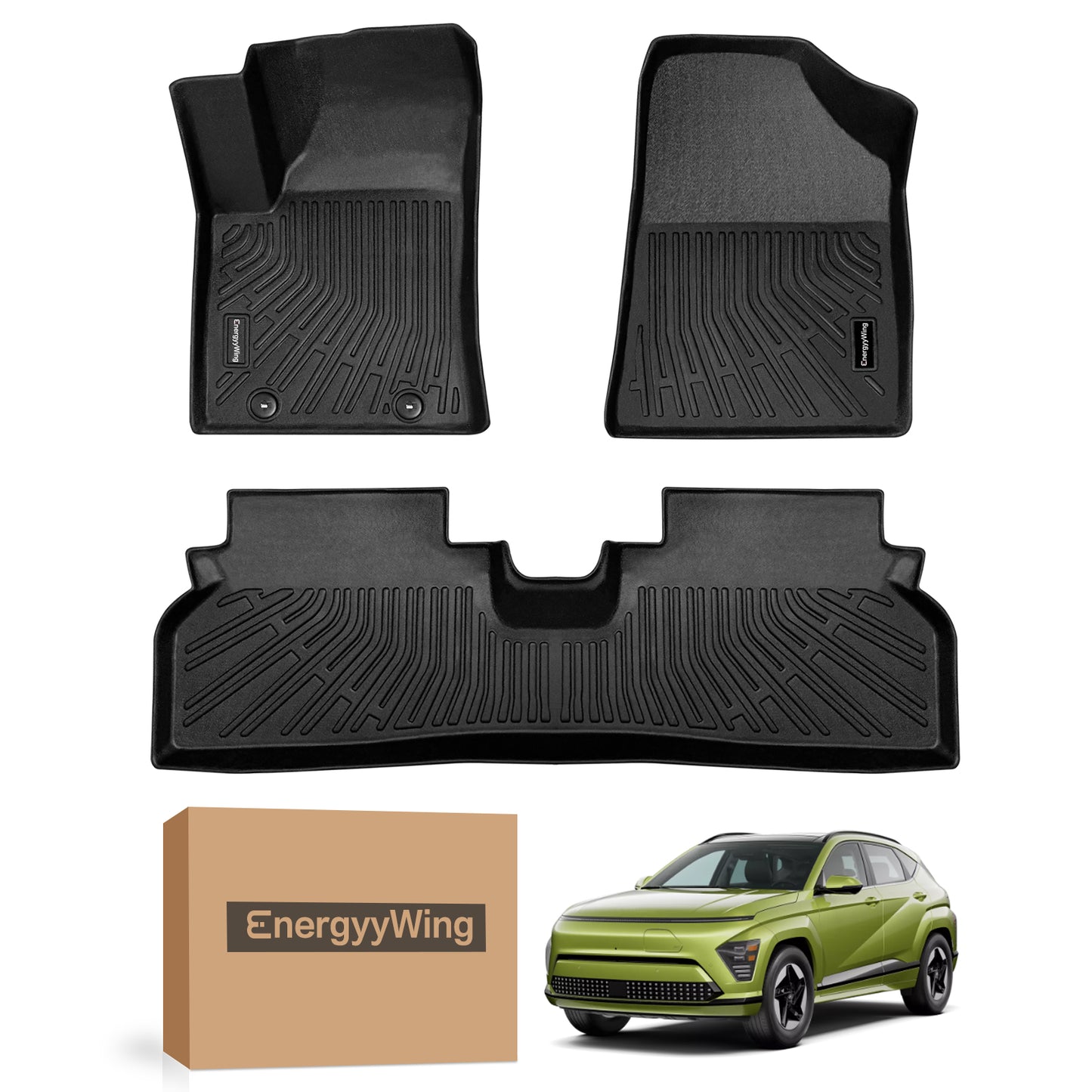 Energyywing Custom Fit for Hyundai KONA Electric 2024,TPE All Weather Protection 1st & 2nd Row Car Floor Liners Front & Rear Row Waterproof Interior Accessories-Black